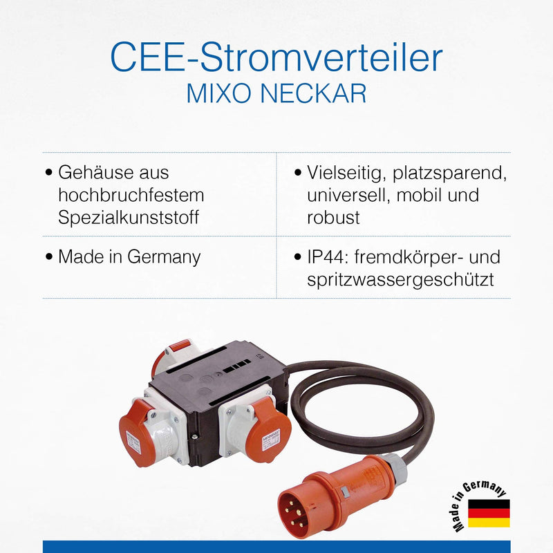 as - Schwabe MIXO adapter / power distributor NECKAR - CEE plug with 1.5 m rubber hose cable on 3 CEE sockets - Robust construction site heavy current distributor - IP44 - Made in Germany I 60526 MIXO NECKAR 16 A, 11 kW