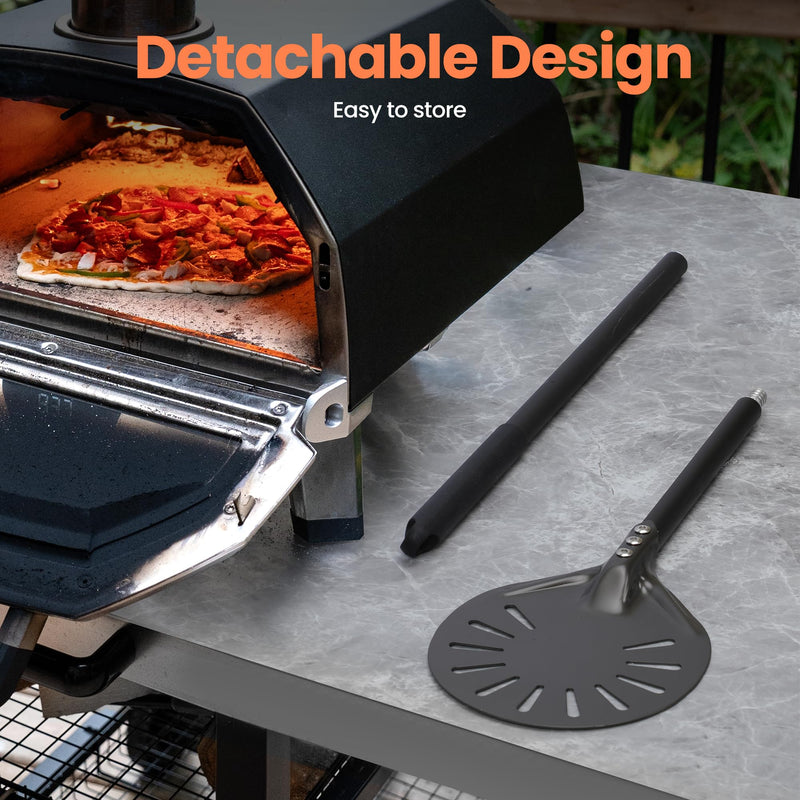 6” Pizza Turning Peel - Extra Long Handle Pizza Turner - Restaurant-Grade Aluminum Perforated Pizza Peel Lightweight Metal Outdoor Pizza Oven Accessories 6” Extra long handle turning peel Black