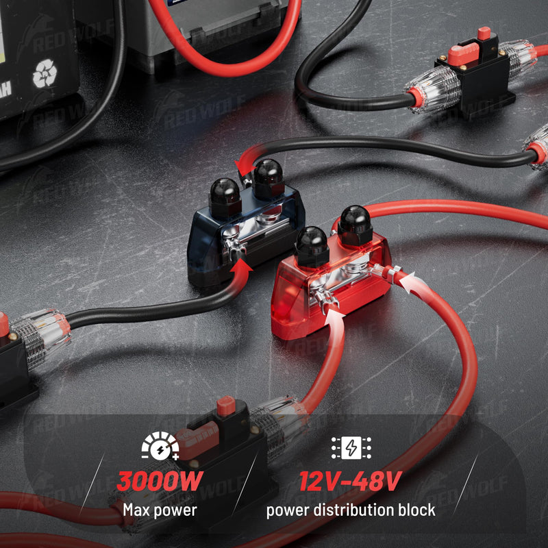 RED WOLF 2PCs 3/8" M10 Small Dual Stud Bus Bar 12-48 V Power Distribution Block Holder 250A DC MAX, Battery Terminal Junction Dual Power Stud Busbar for Car Marine Boat Red & Black Set w/Screws