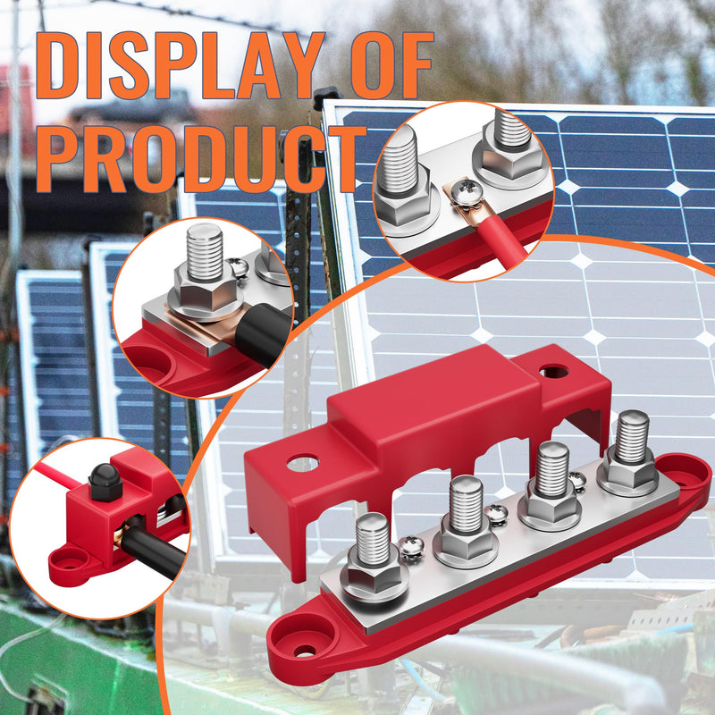 Joinfworld 12V Power Distribution Block 250A Bus Bar with 4 x 5/16" Studs Marine Battery Busbar Terminal Block for Automotive, Car, Boat, Solar Wiring - Positive&Negative 250A 4 x 5/16"(M8) Studs