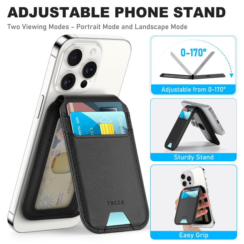 TUCCH Magnetic Phone Wallet with Adjustable Stand, [RFID Blocking] Credit Card Holder, Fit 5 Cards, PU Leather Strong Magnetic Wallet for iPhone 15/14/13/12 Series, Not for iPhone 13/12 mini, Black