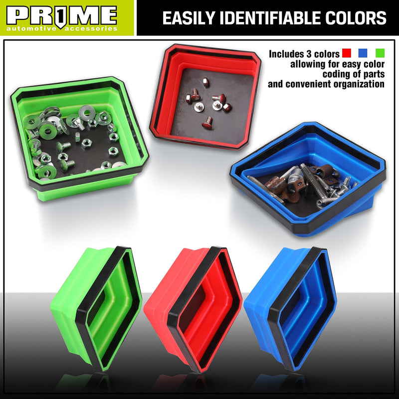 PR1ME Collapsible Magnetic Parts Tray Set, Foldable Magnetic Tray, 3 Pieces 4.25 inch Square Silicone Bowls with Magnetic Base Stores and Organizes Small Parts and Tools Basic Trays