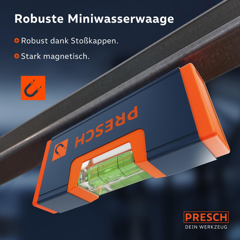Presch mini spirit levels set 4 pieces. - Mini spirit level, cross spirit level, circular spirit level and string spirit level - All-round set - Reinforced magnet for maximum adhesion - Break-proof acrylic glass spirit levels set of 4.