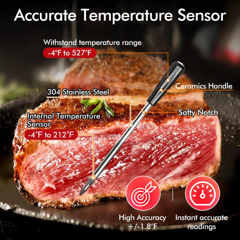 Wireless Smart Bluetooth Meat Thermometer Digital for BBQ, Grill, Oven, Smoker, 500ft Range Cooking Thermometer with Ultra-Thin Wireless Meat Probe, Perfect for Steak, Chicken, Turkey