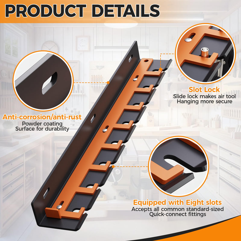 Air Tool Pneumatic Tool Holder,Wall Mount Air Tool Rack,Lockable Air Tool Hanger for Garage Shop Storage Organize,Fit 1/4" Standard Connection Accessories,Comes with Eight Slots 8 Slots Air Tool Holder