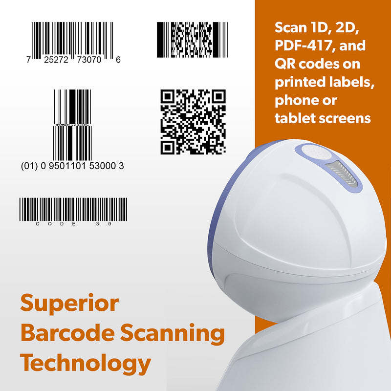 Ambir DB100 Hands Free Plug & Play Omni-Directional Desktop USB 1D, 2D and QR Barcode Scanner - White/Blue