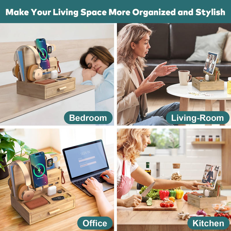 Sephyroth Bamboo Phone Docking Station Nightstand Organizer Bedside Organizer Cell Phone Stand Gifts for Men, Dad Gifts for Boyfriend Gift for Husband with Drawer Storage (Wood) Wood