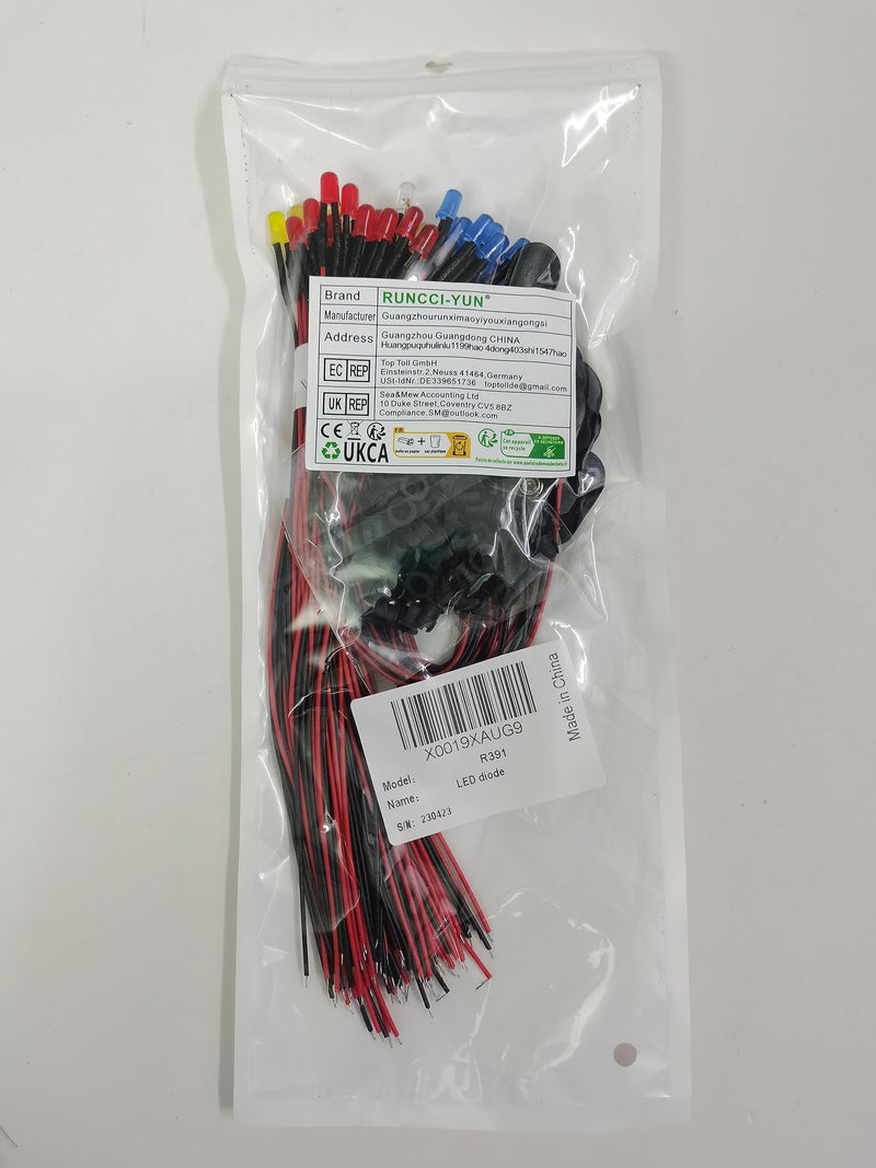 RUNCCI-YUN 50PCS 5 mm LEDs, 12V pre-wired light, pre-wired LED, diode light, 20cm pre-wired light red yellow green blue white + 50 pieces 5 mm LED mounting rings + 9 V battery connection