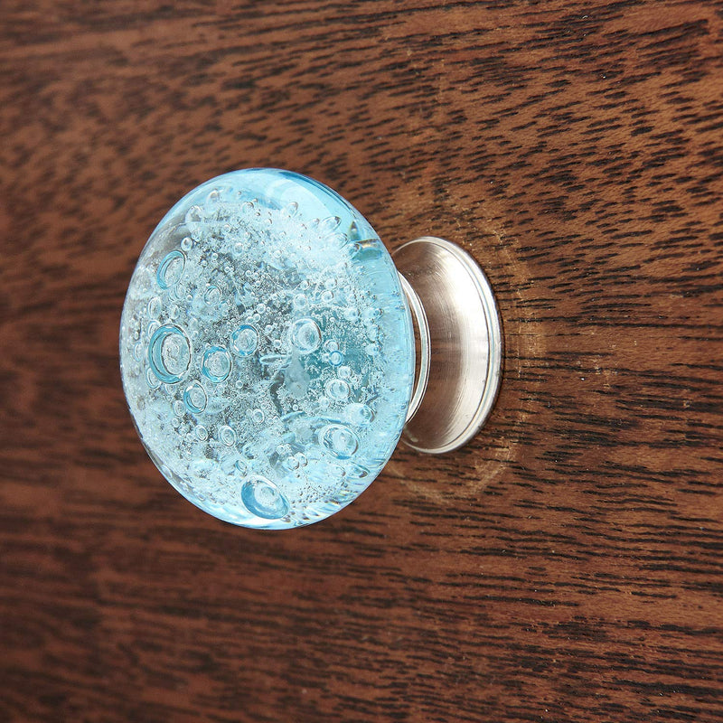 Shabby Restore Aqua Blue Bubbles Glass Dresser Drawer, Kitchen Cabinet or Door Knob Pulls Nickel Hardware - Pack of 12