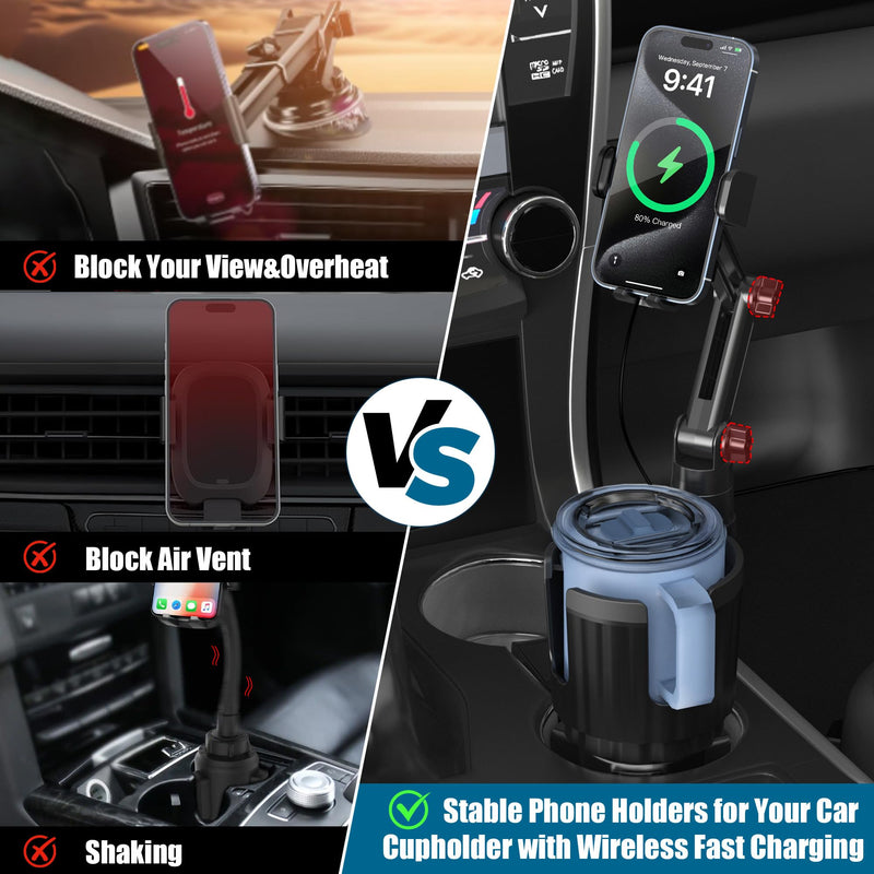 Wireless Car Charger Phone Mount Cup Holder, 3 in 1 15W Fast Charging Auto Clamping Cup Holder Expander for Car, Phone Holders for Your Car CupHolder Wireless Charger Compatible for All Smartphones