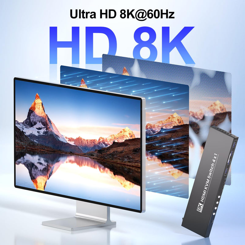 HDMI KVM Switch 1 Monitors 4 Computers, 8K@60Hz 4K@120Hz USB 3.0 4 Port HDMI KVM Switch for 4 PCs Share 1 Set of Keyboard, Mouse and Monitor