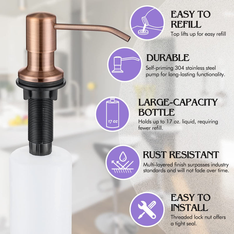 Soap Dispenser for Kitchen Sink, Built in, Stainless Steel (Copper), Pump Set Dish or Lotion, Refill from The Top,Kitchen CounterTop 17 OZ,Built-in Copper Bronze