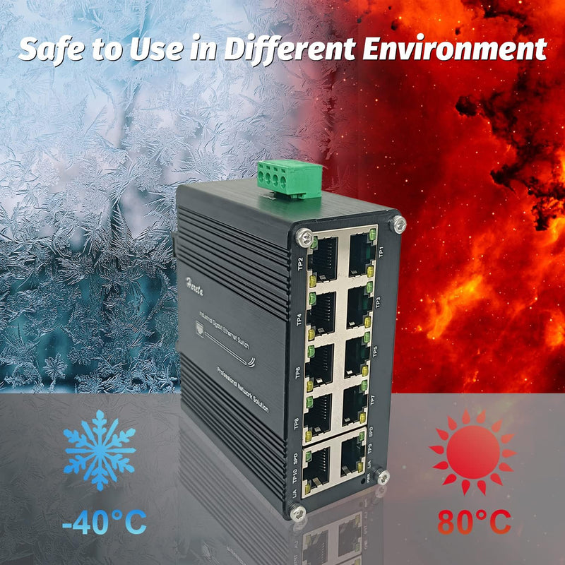 Hardened Industrial Gigabit Compact Ethernet Switch 10-Port 10/100/1000BASE-T RJ45 with auto-MDI/MDI-X Function 10/100Mbps Half/Full Duplex and 1000Mbps Full Duplex 12~48VDC Wide Range Power Input LNK-IMC010G