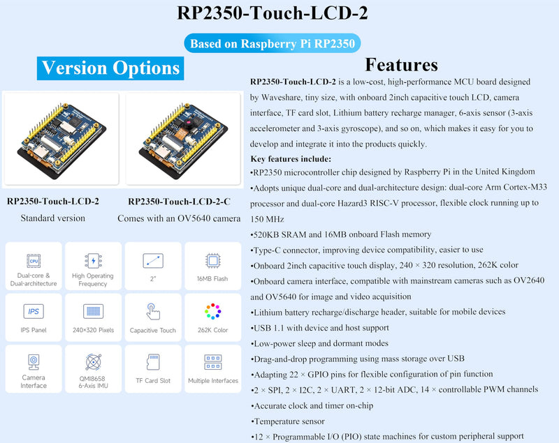 RP2350 2inch Capacitive Touch Display Development Board, Onboard 240x320 Pixels IPS LCD 262K Color 16MB Flash, Tiny Size with Rich Interface Better Expandability, with OV5640 Camera Module