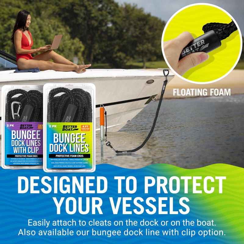 2-Pack Black Bungee Dock Lines, Marine Grade Boat Rope, Jet Ski or PWC Mooring Ties, Boating Accessories for Boats 2 Hoop Ends, 0 Clip Ends