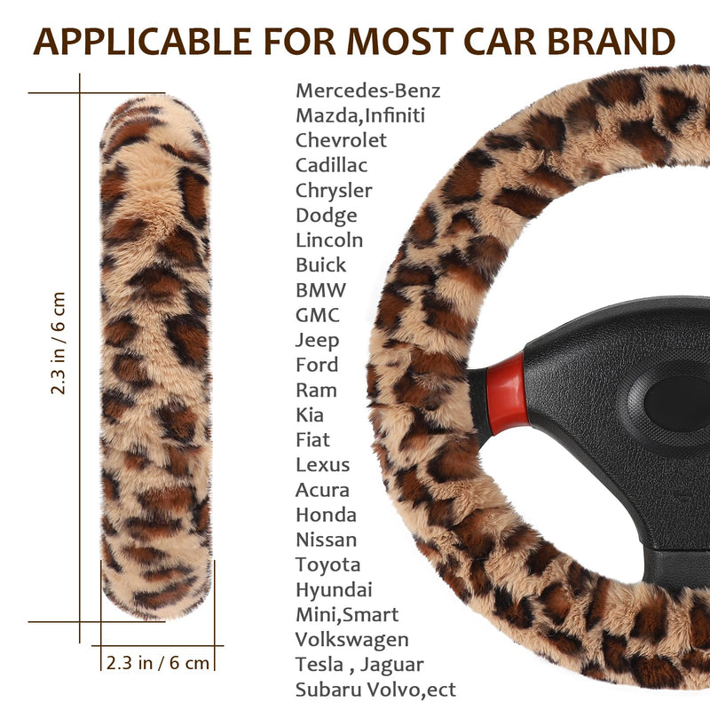 Accmor Fuzzy Car Steering Wheel Cover, Universal Fit Fur Auto Wheel Cover & Handbrake Cover & Gear Shift Cover Set, Leopard Warm Fluffy Vehicle Wheel Protector Car Accessories for Men Women (Brown) Brown/Dark Brown Leopard short hair