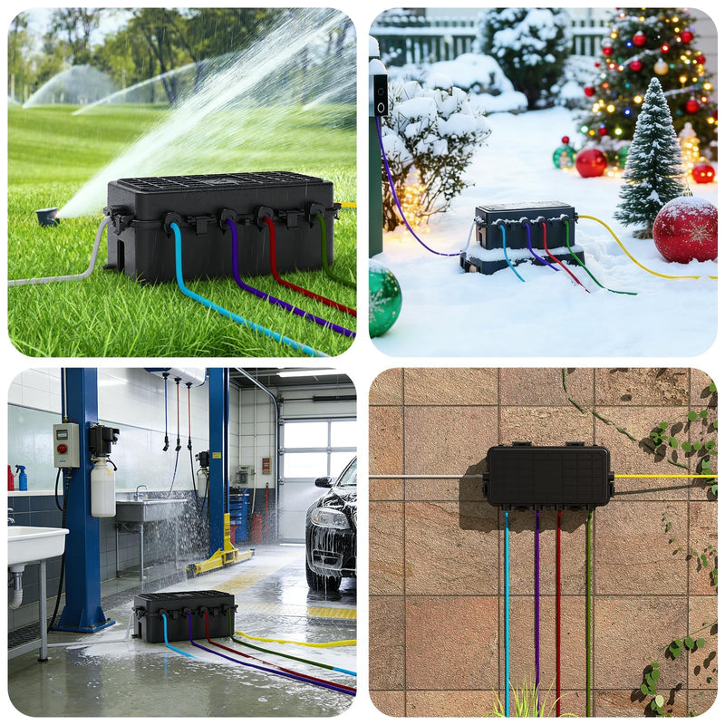 IP65 Waterproof Medium Outdoor Cable Box (26.3 x 13.5 x 9.8 cm), 6 Cable Entrance, Waterproof Connection Boxes with Ground Anchors for Power Strips, Timer Switches and Garden Decoration, Black