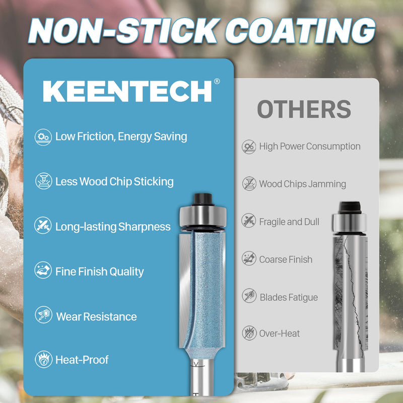 KEENTECH Flush Trim Router Bit, 1/2" Shank, Ideal for Template Work & Clean Flush Trimming, Industrial Carbide Tipped Extra-Long Bearing Pattern Bit, 1/2" Diameter, 2" Cutting Depth 1/2" Dia. - 2" Cutting Length