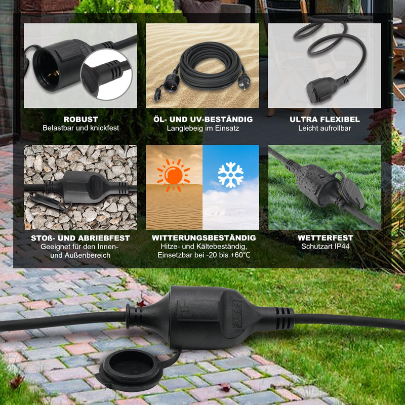Outdoor Extension Cable 2 m for Outdoor Use, Rubber Extension Power Cable with Schuko Plug, IP44 Extension Cable, 3G 1.5 mm² Cable, Outdoor Electric Cable, with Protective Cap, 3500 W, Black