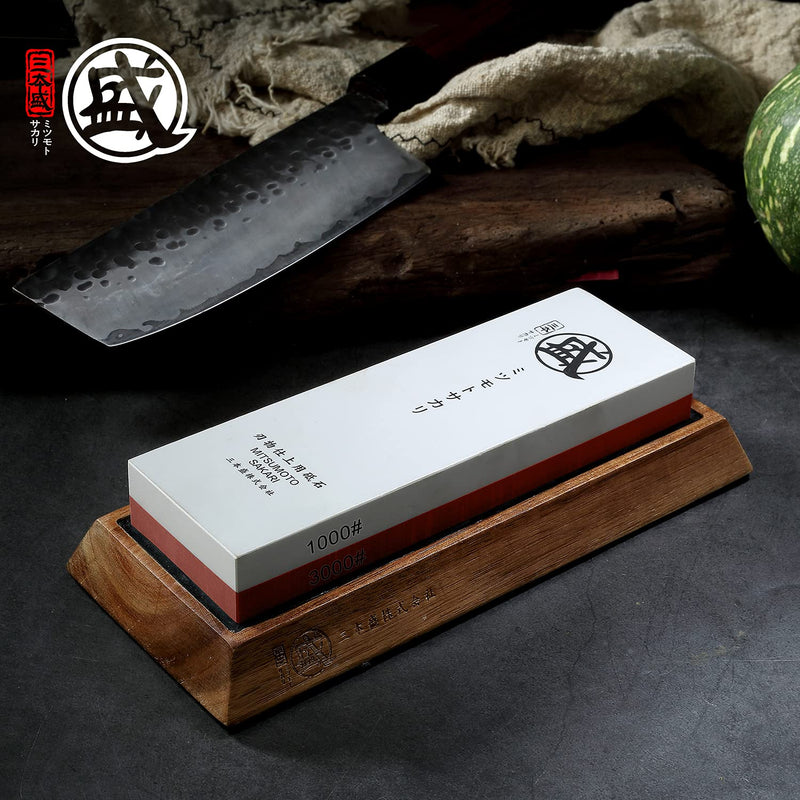 MITSUMOTO SAKARI Professional Japanese 1000/3000 Grit Sharpening Stone | Sharpening and Honing, White Corundum Whetstone, Controlled Water Absorption, Bamboo Base, Kraft Box