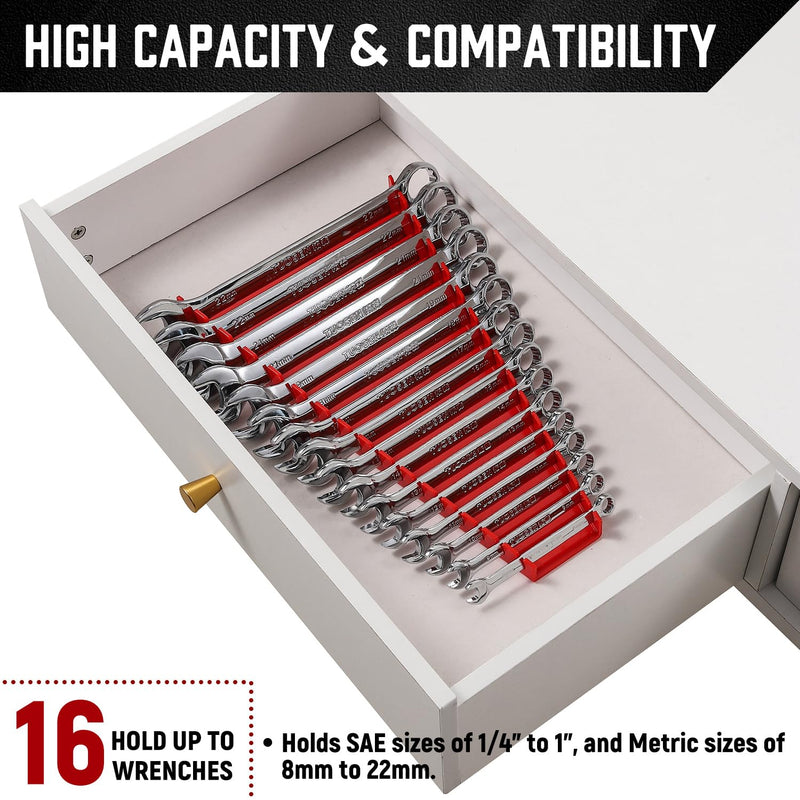 ALOANES 96-Slot ABS Plastic Wrench Organizer, Standard Hanging Wrench Organizer for Tool Box and Wall, Fit SAE & Metric Wrench Storage, 6 Pack Lightweight Wrench Holder(Red) Red 6Pack