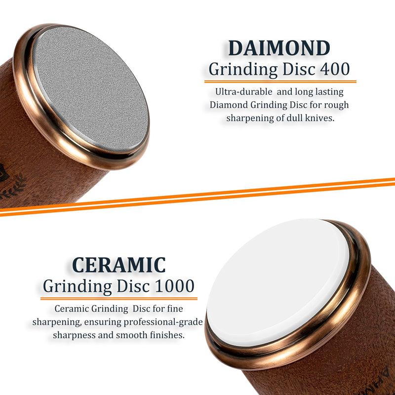 Rolling Knife Sharpener Wooden Kit - Roller Wheel Sharpener with Magnetic Holder | 400 Grit Diamond & 1000 Ceramic Disks Sharpeners | 15 & 20 Angle for Special & Standard Kitchen Knives