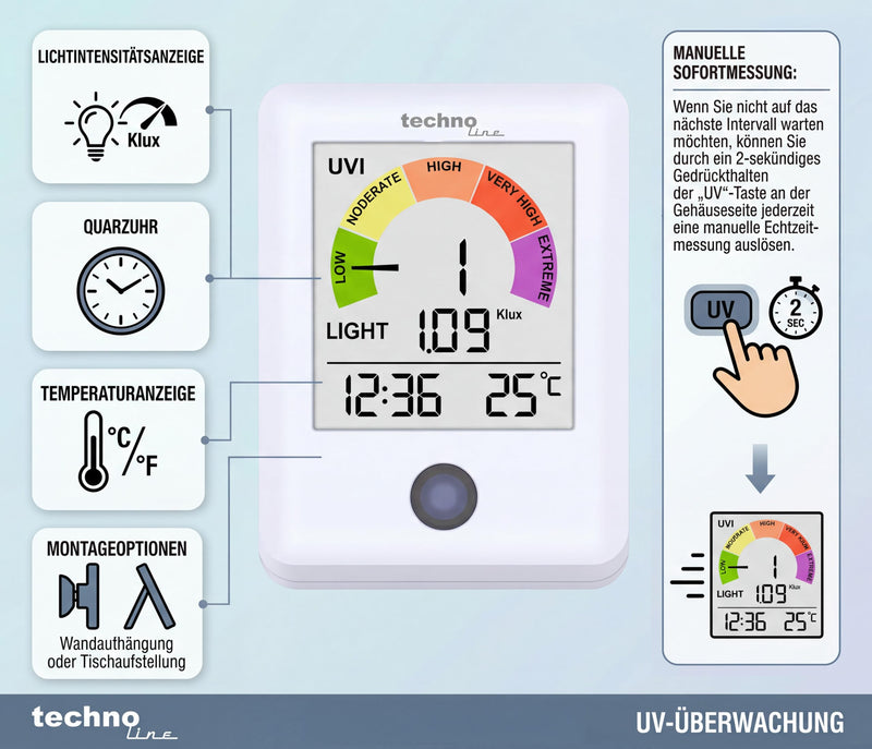 technoline WS9320 UV Radiation Monitor with UV Index and Light Meter, Real Time UV Measurement Every 60 Seconds, Indoor Temperature and Time, UV Warner with Color Scale, Light Intensity Meter up to