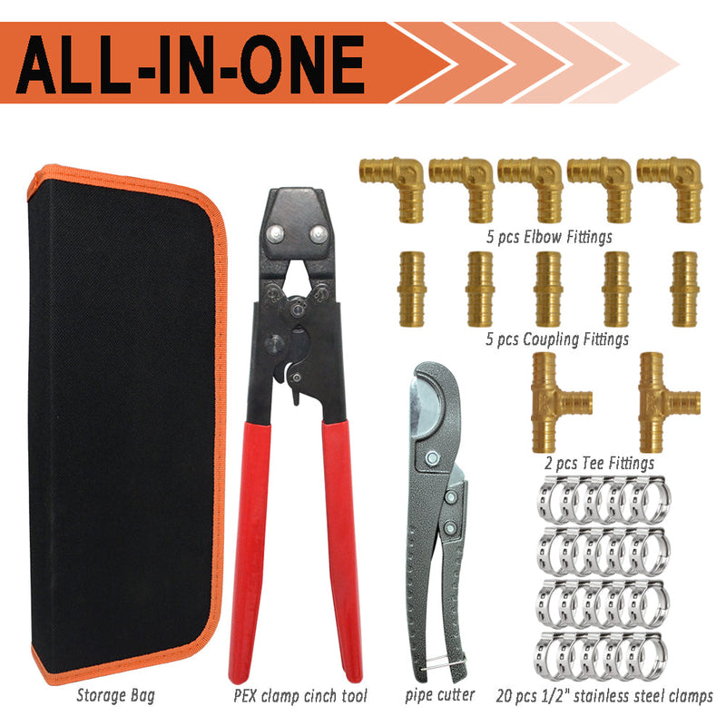 TTFLEX RV Pex Repair Kit with Cinch Tool, Pipe Cutter & 1/2" Brass Fittings PEX Tool Kit B - 1/2"