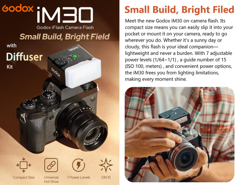Godox iM30 Mini Flash Camera Flash with Diffuser, GN 15,7 Power Levels,CCT 6500K±200K,Manual Flash Speedlite for Canon/Sony zv1/Sony zve10 /Ricoh gr3/Nikon/Fuji f1-230 Full-Power Flashes/3.6S Recycle