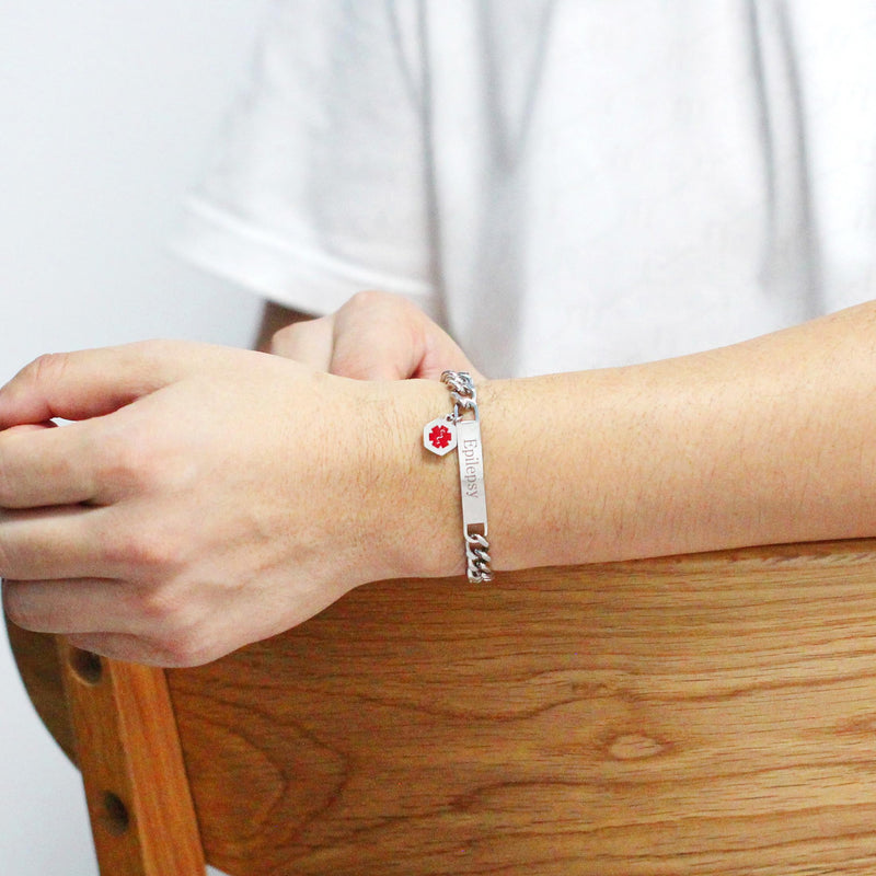 Uloveido Red Medical ID Bracelet | White/Black Cuban Chain Bracelets | Custom Medical Alarm Jewelry for Men Women | Waterproof Stainless Steel Bracelet YA5169 White Epilepsy