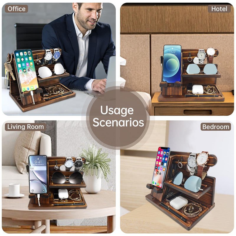 Nightstand Organizer with Phone Docking Station and Desk Organizer - Brown Wooden Gift for Men and Dad