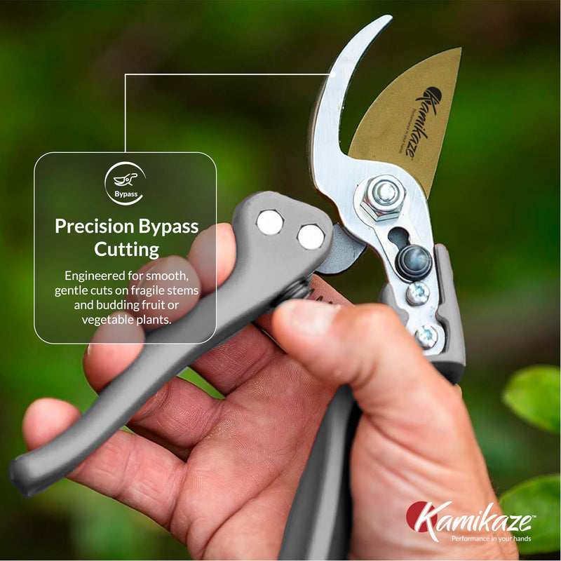 KAMIKAZE Heavy-Duty Professional Pruning Shears for Gardening, Ergonomic Comfort Handle, SK5 High-Carbon Steel Bypass Blade, Cuts Branches Up to 1 Inch, Garden Clippers for Tree and Shrub Trimming Grey