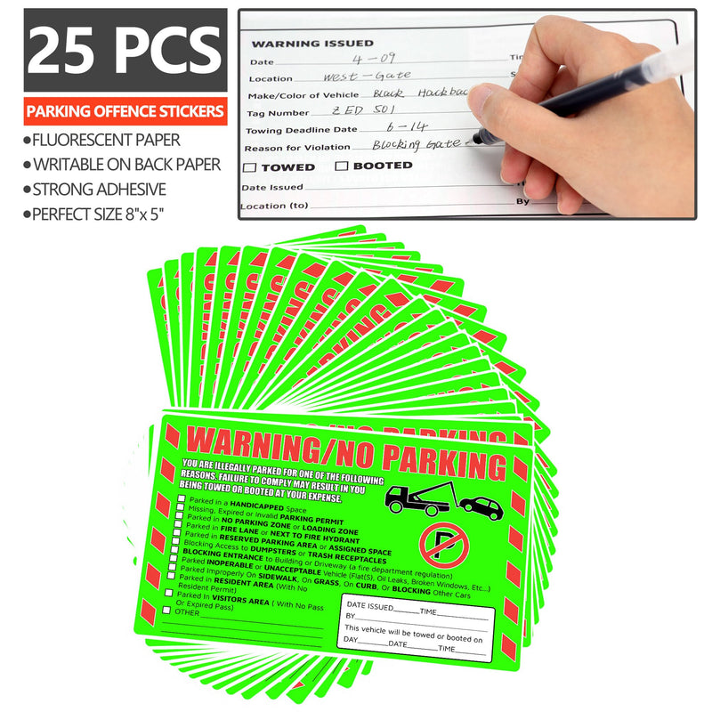 Parking Violation Stickers 25 Pcs Fluorescent Green You are Illegally Parked Multi Reasons Hard to Remove Tow Warning Private Parking Warning Sticker for Car Windows