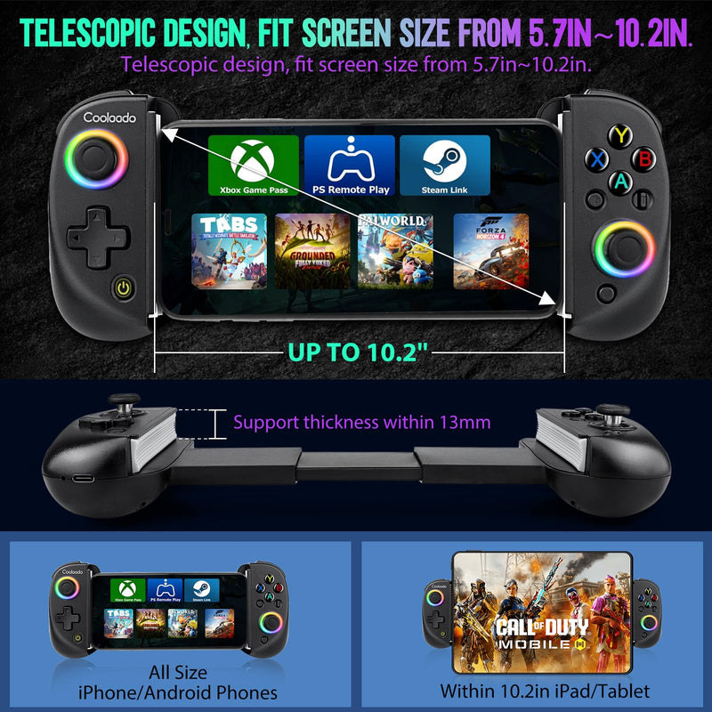 Wireless Mobile Gaming Controller for IOS & Android, Bluetooth Smartphone/Tablet Handheld Joystick Gamepad with Adjustable Clip for iPhone/iPad/Samsung etc.Support Xbox/PS3/4/Switch/PC (Black) Black