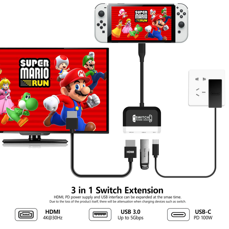 Switch Dock for Nintendo Switch/OLED Switch,3-in-1 Portable TV Dock with 4K HDMI USB 3.0 Port USB C PD 100W Charging,Travel Docking Station Replacement for Switch Black