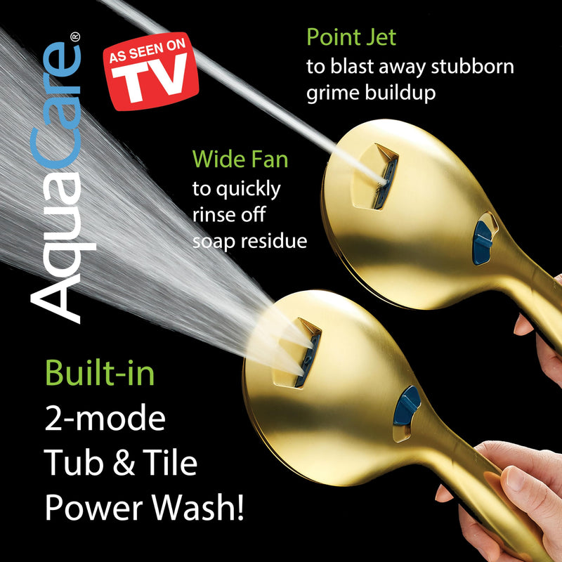 AquaCare High Pressure 8-mode Handheld Shower Head - Anti-clog Nozzles, Built-in Power Wash to Clean Tub, Tile & Pets, Extra Long 6 ft. Stainless Steel Hose, Wall & Overhead Brackets Modern Gold