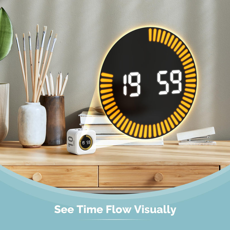 KADAMS Pomodoro Cube Timer Productivity Visual Timer - 5/10/25/50 Min Rotating Countdown, Customize Countup Silent Mode- for Work Study Cook Workout Kitchen Back to School Classroom (White, 2 Pack) White + White