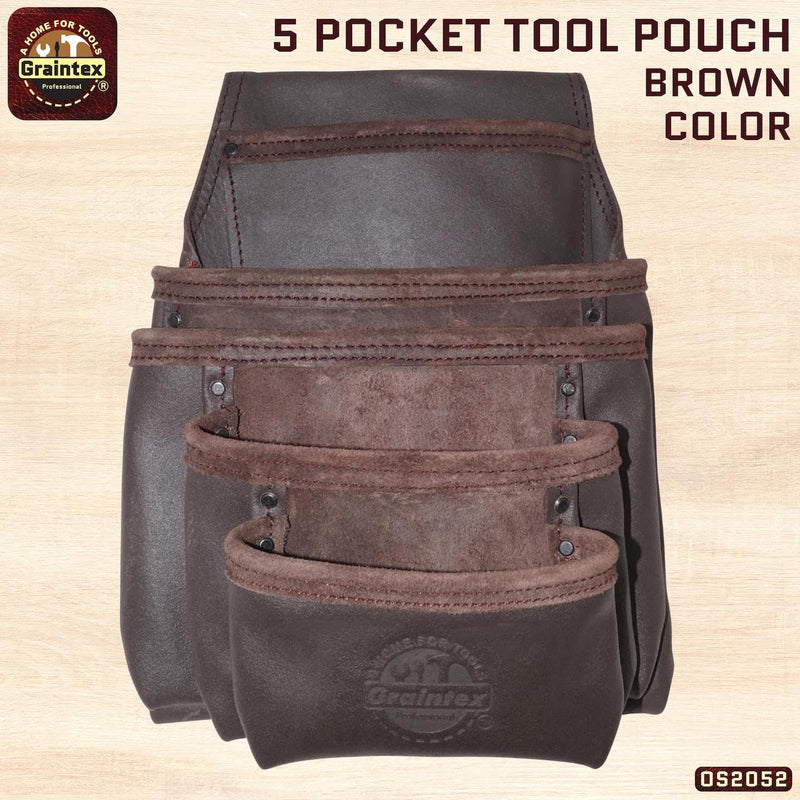 Graintex OS2052 5 Pocket Oil Tanned Nail & Tool Pouch Dark Brown Color for Constructor/Electrician/Plumber