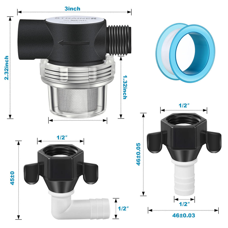 Dreyoo RV Water Pump Strainer Filter, 1/2" Twist On Pipe Strainer, 1/2" x 14 NPT x 1/2 Inch Barb Elbow and 2 Straight Swivel Adapter, RV Plumbing Fittings with PTFE Thread Seal Tape