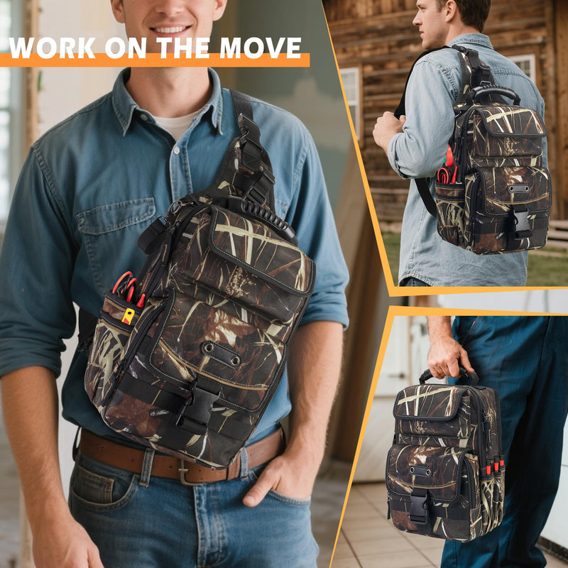 Electrician Tool Pouch Bag, Zippered HVAC Tool Organizer with Ergonomic Handle and Shoulder Strap for Maintenance Repair Technicians, Camouflage (Patent Pending)