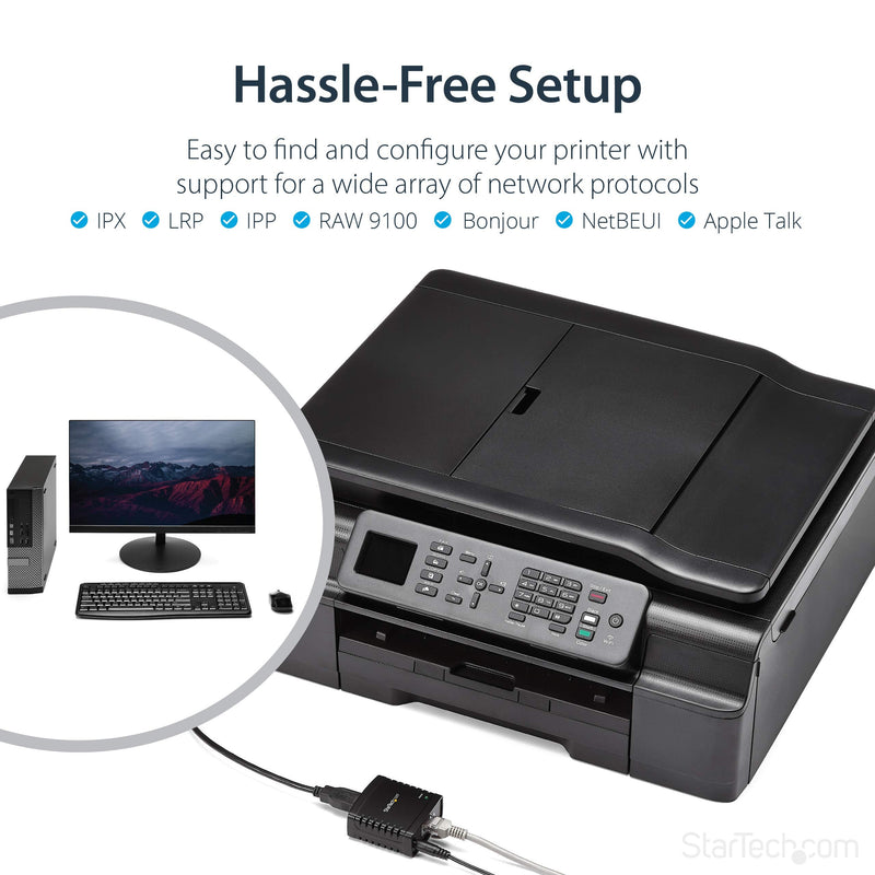 StarTech.com 10/100Mbps Ethernet to USB 2.0 Network Print Server - Windows 10 - LPR - LAN USB Print Server Adapter (PM1115U2)