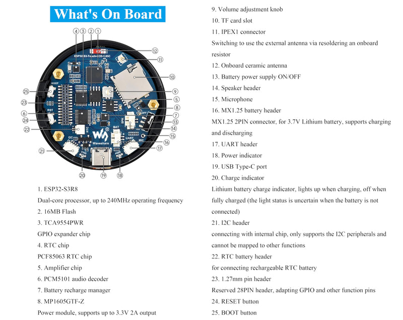 ESP32-S3 with 1.85inch Touch Round LCD Development Board, 360x360, Supports Wi-Fi & BLE 5, AI Speech, Smart Speaker Box,Supports AI Speech Interaction and Offline Voice Control, with 8Ω 2W Speaker