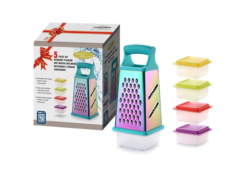 Marco Almond® KYA57 Professional Rainbow Color Box Grater,Stainless Steel Grater with 4 Sides,Slicer 5 Piece Set, Potato,Cheese,Cucumber,Salad Vegetables Graters Peelers, Turquoise Stainless Steel 5-Piece