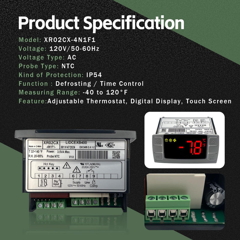 XR02CX-4N1F1 Temperature Control Refrigerator Digital Thermostat Controller for Dixell Commercial Refrigerators/Freezer 120V 50-60Hz with 2 NTC Probe for Refrigerators Freezers Heating Appliances XR02CX-4N1F1