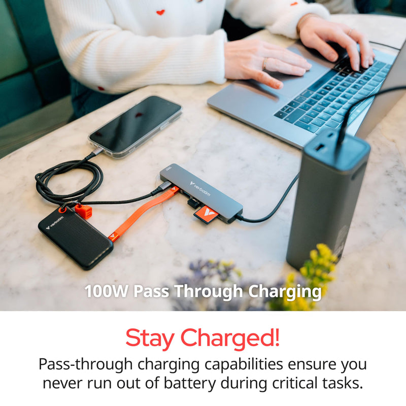 Verbatim USB-C Essentials Multiport Hub – 4 Ports: (1) USB-A 2.0, (1) USB-A 3.0/3.2 Gen 1, (1) USB-C 3.0/3.2 Gen 1 with 4K HDMI and Up to 100W Power Delivery