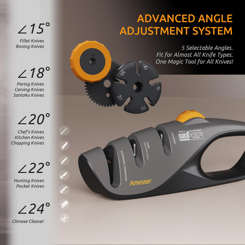 5-Angle Adjustable Knife Sharpener for Kitchen Knives, Scissors & Pocket Knives – Precision 15°-24° Sharpening with Coarse & Fine Slots, Non-Slip Base & Ergonomic Handle, Safe & Easy to Use Gray/Black