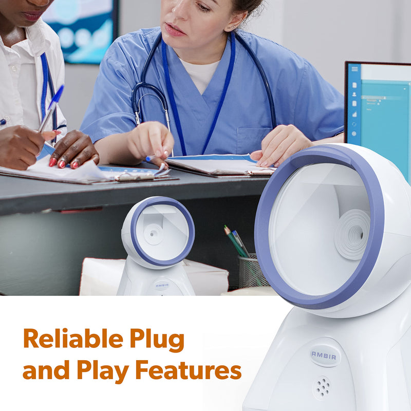 Ambir DB100 Hands Free Plug & Play Omni-Directional Desktop USB 1D, 2D and QR Barcode Scanner - White/Blue