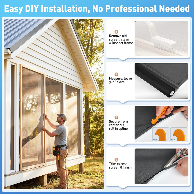 MAGZO Window Screen Replacement Mesh 59"W x 196"L - Pet Resistant Premium & Durable Polyester Screen Door Mesh, Allows Fresh Air in, DIY Repair Kit Includes Tool for Sliding Doors,Windows,Patio, Gray 59 X 196 Inch