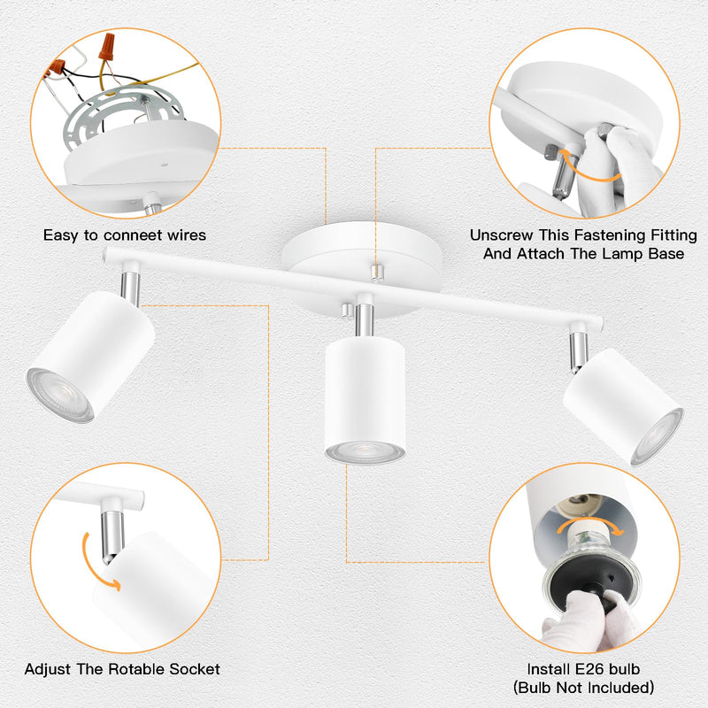 BoostArea LED 3 Light Track Lighting Kit, White 3 Way Ceiling Spot Lighting, Flexibly Rotatable Light Head for Kitchen, Living Room, Bedroom, GU10 Bulb Not Included 3 Light-white