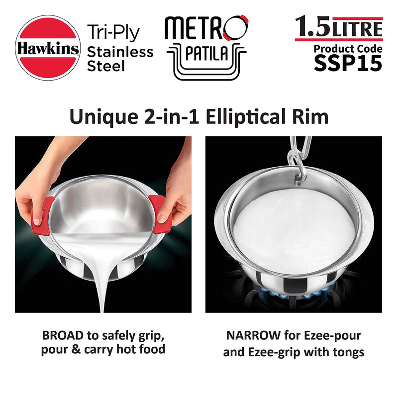 Hawkins 1.5 Litre Metro Patila, Triply Stainless Steel Tope, Induction Bhagona, Tapeli, Silver (SSP15) 1.6 Quarts